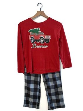 NWT Ford Bronco Red Black Gray Plaid 2 pc Pajama Set Boy’s size Large 10 12